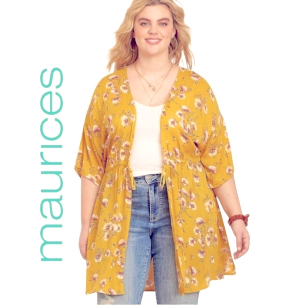 2X/3X Maurices Mustard Floral Flowy Kimono/Jacket with Crochet Accent, NWT